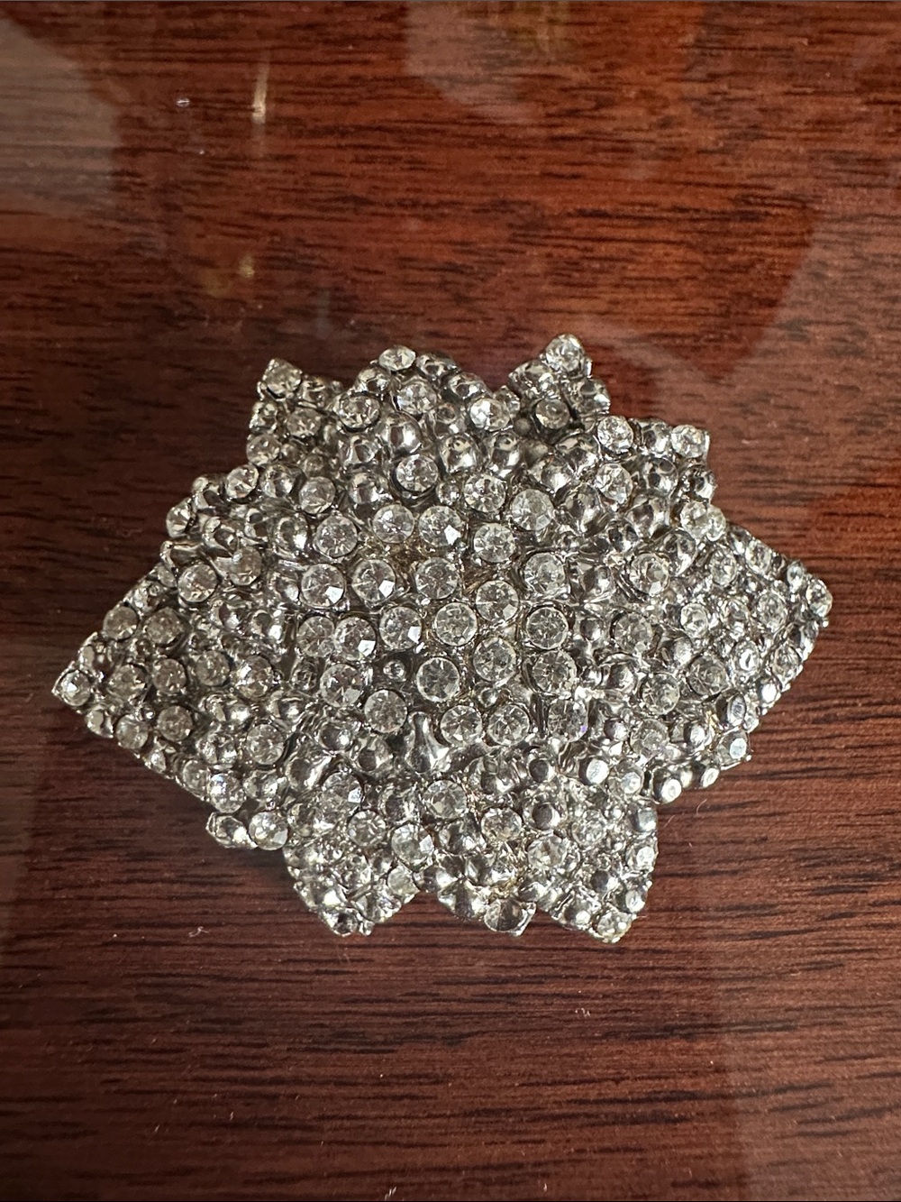 Flower Shaped Brooch Silver Tone with Clear Crystals